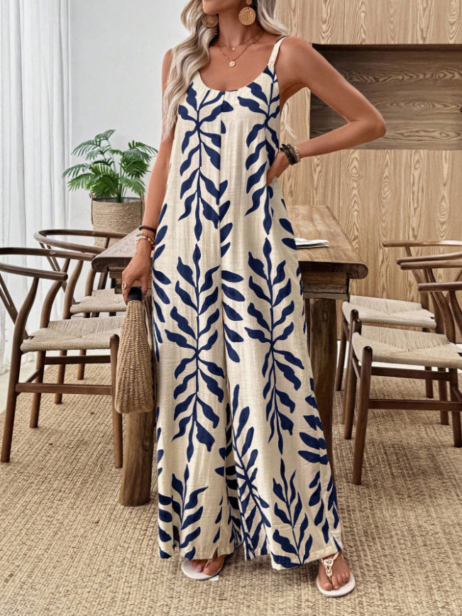 Women's V-Neck One-Piece With Tropical Leaf Print And Pockets