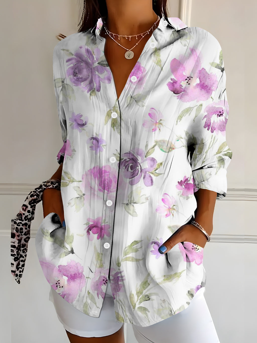 Women's Vibrant Colorful Floral-Patterned Long-Sleeve Shirt