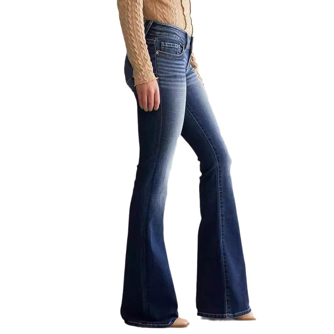 Women's Mid Waist Slim Fit Stretch Retro Flared Jeans