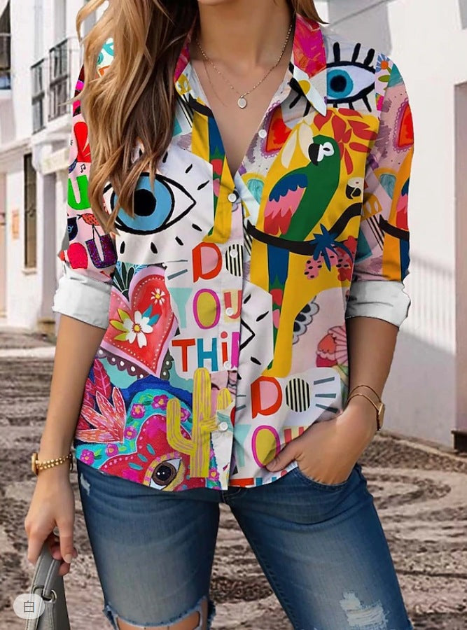 Women's Long-Sleeve Graffiti Lapel Shirt