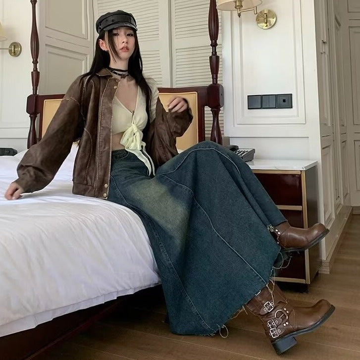 Women's Retro Blue High Waist Slit Denim Skirt