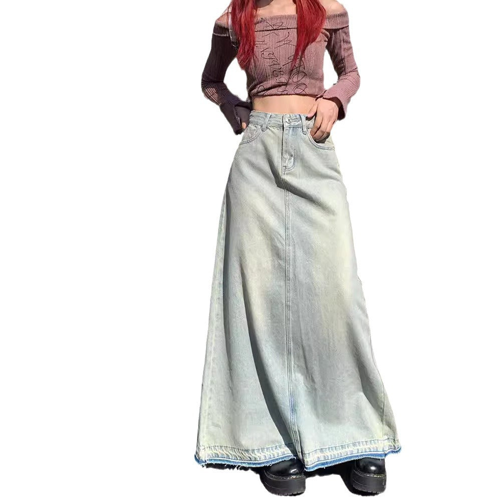 Women's Washed Distressed Denim Skirt