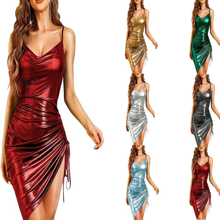 Women's Shiny Ruffled Bodycon Midi Dress