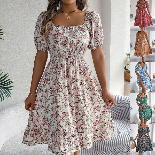 Women's Floral Square-Collar Ruffled Dress