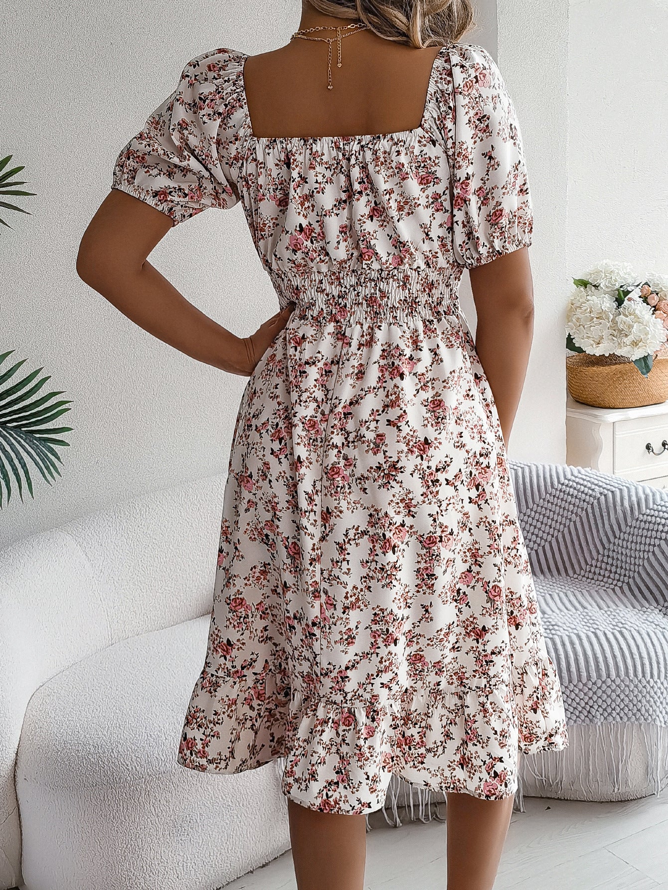 Women's Floral Square-Collar Ruffled Dress