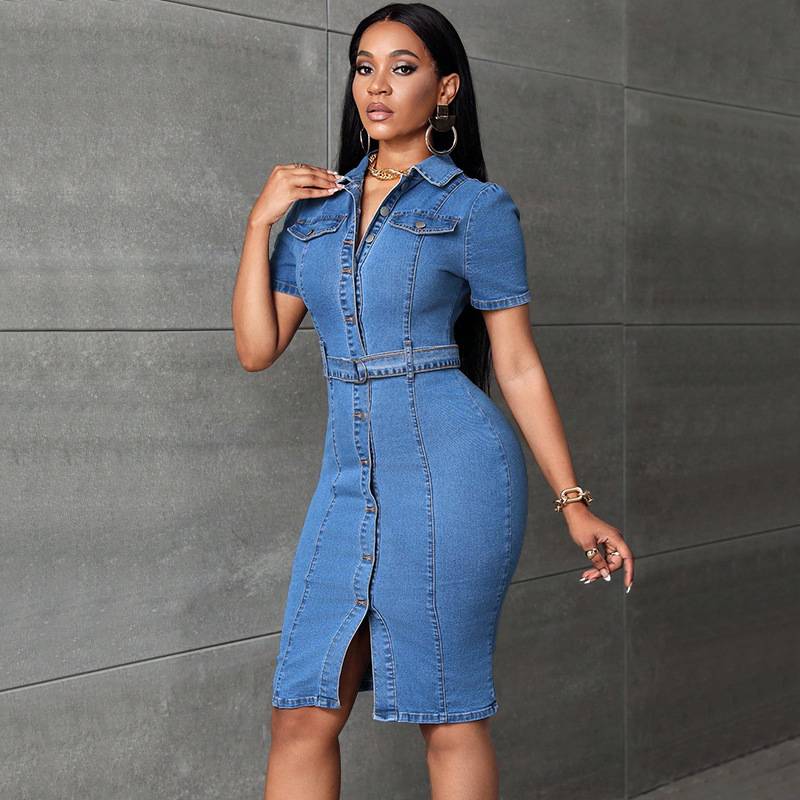 Women's Mid-Length Retro Buttoned Denim Dress