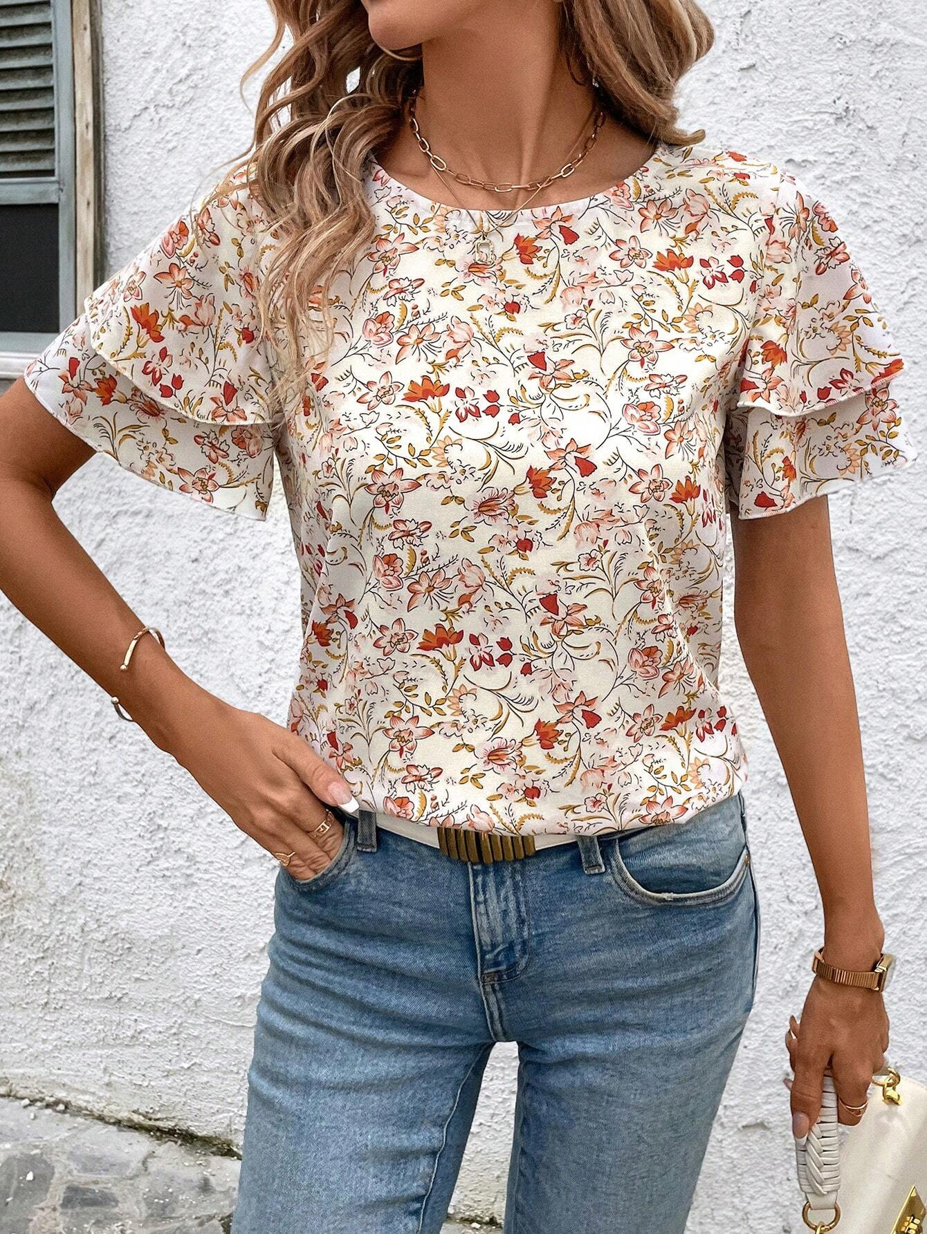 Women's Round Neck Petal Sleeve Top