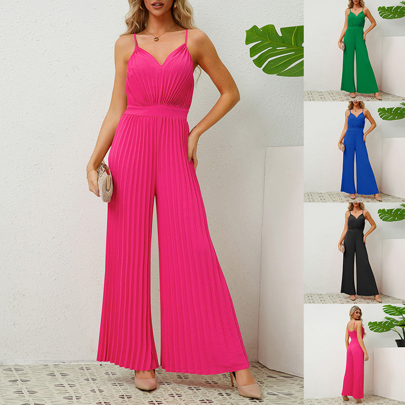 Women's V-neck Suspender Pleated Jumpsuit