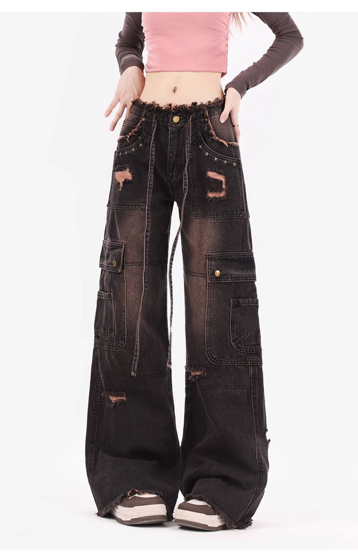 Women's Retro Washed Burr Damage Cargo Jeans
