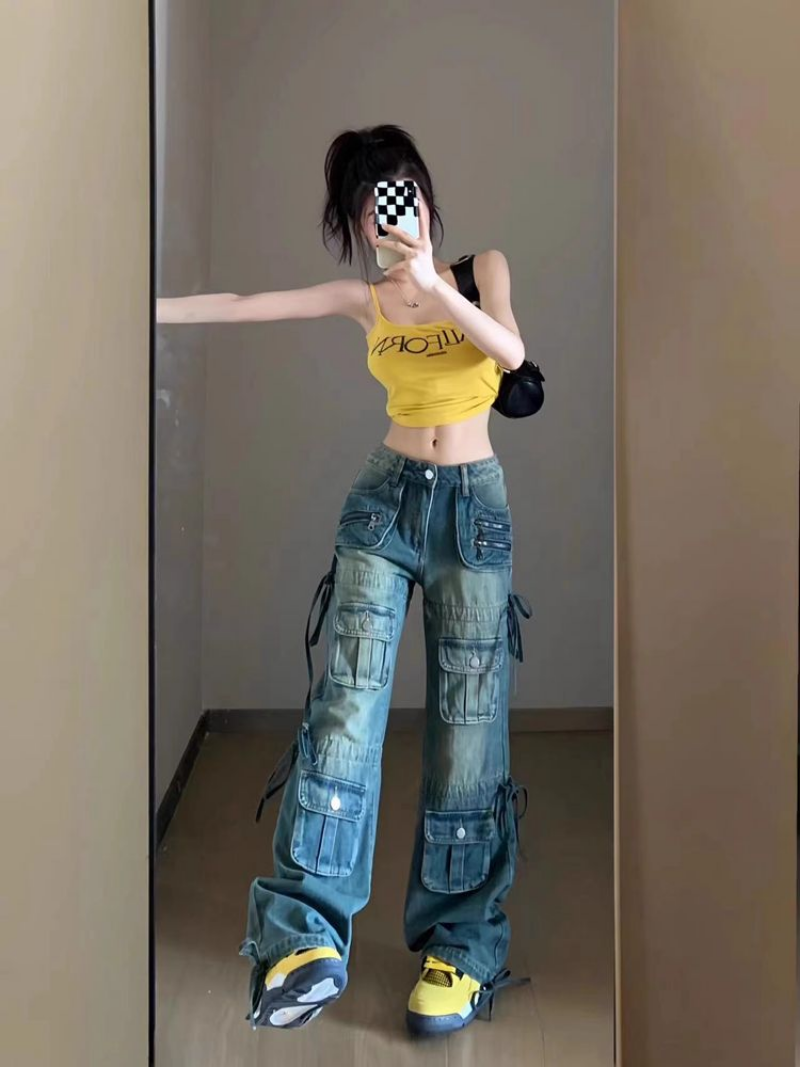 Women's Multi-pocket Washed Drawstring Jeans