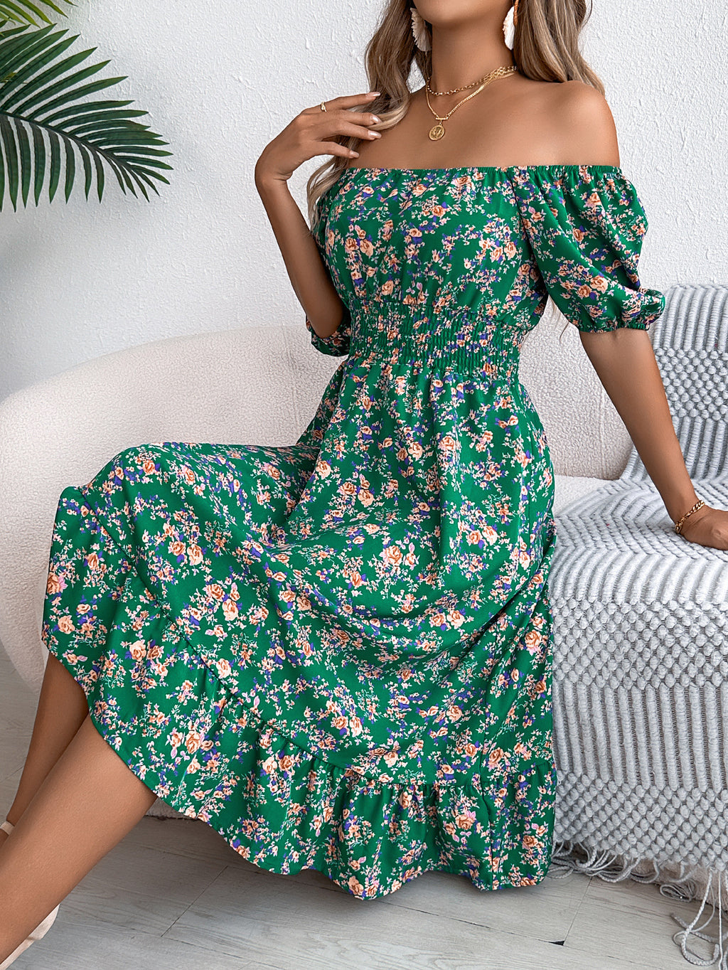 Women's Floral Square-Collar Ruffled Dress