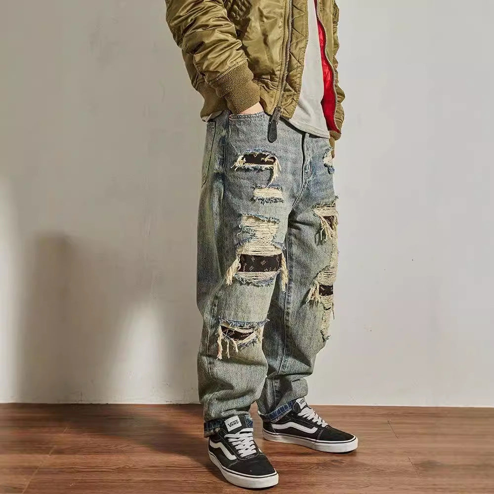 Men's Straight Tapered Distressed Torn Look Jeans