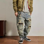 Men's Straight Tapered Distressed Torn Look Jeans