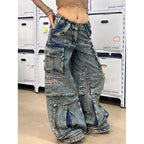 Women's American Street Style Plus Size Multi-Pocket Aged Jeans