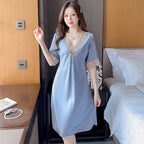 Women's Thin Lace Ice- Silk Embroidered Short Sleeve Nightdress