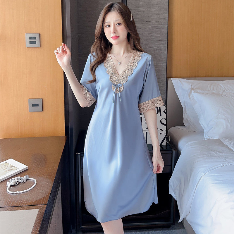 Women's Thin Lace Ice- Silk Embroidered Short Sleeve Nightdress