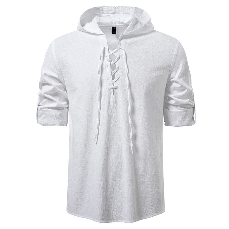 Men's Drawstring Cotton Long Sleeve Top