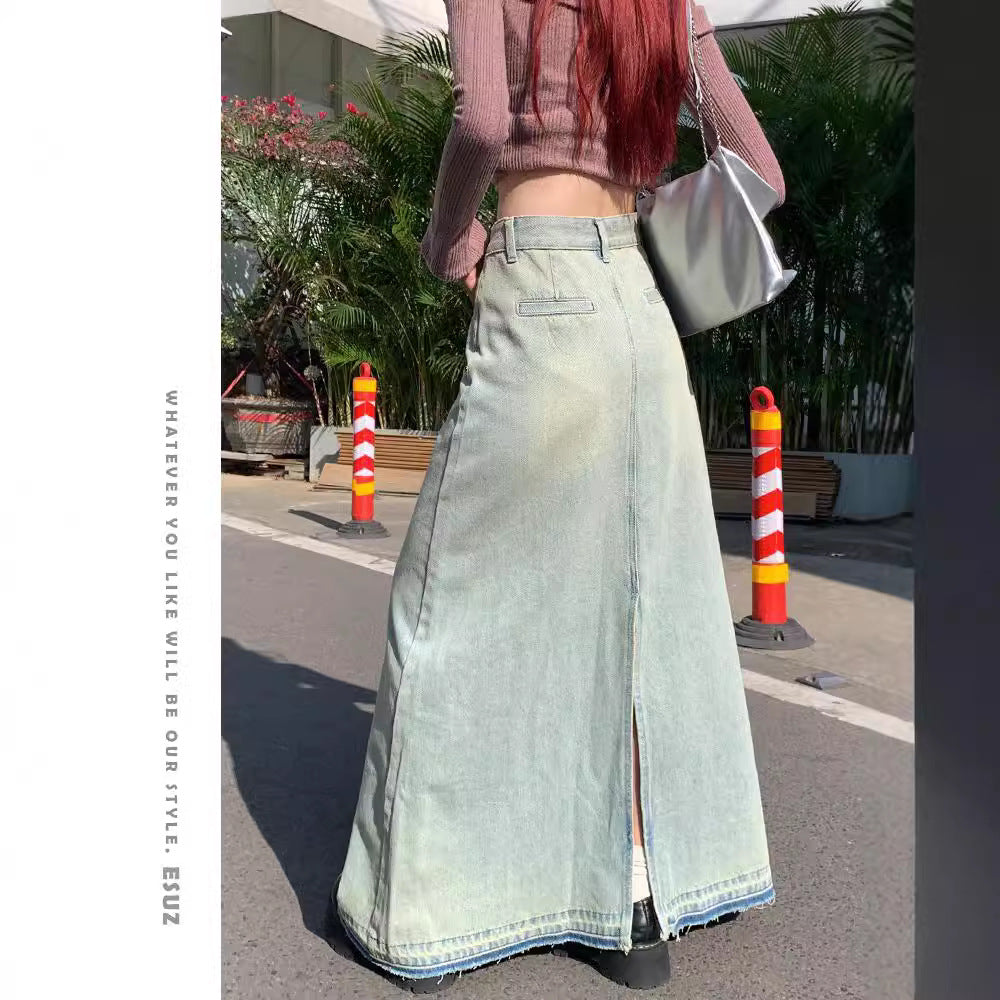 Women's Washed Distressed Denim Skirt