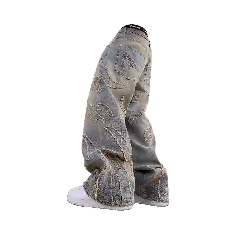 Men's Retro Flame Pattern Embroidered Baggy Jeans