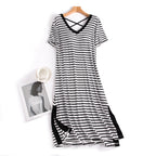 Women's Striped Short-Sleeved Nightdress With Chest Pad