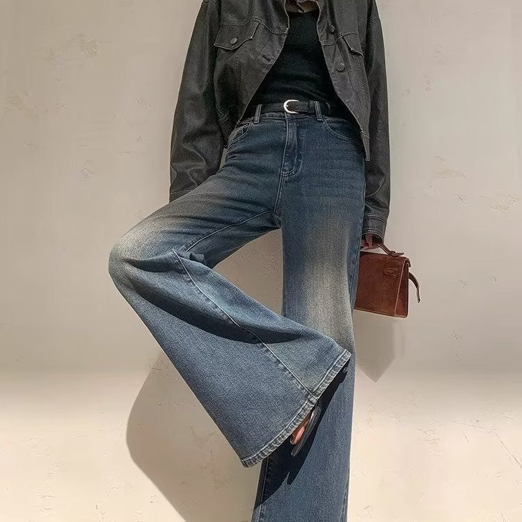 Women's Retro Washed Blue Micro-pull Mop Jeans