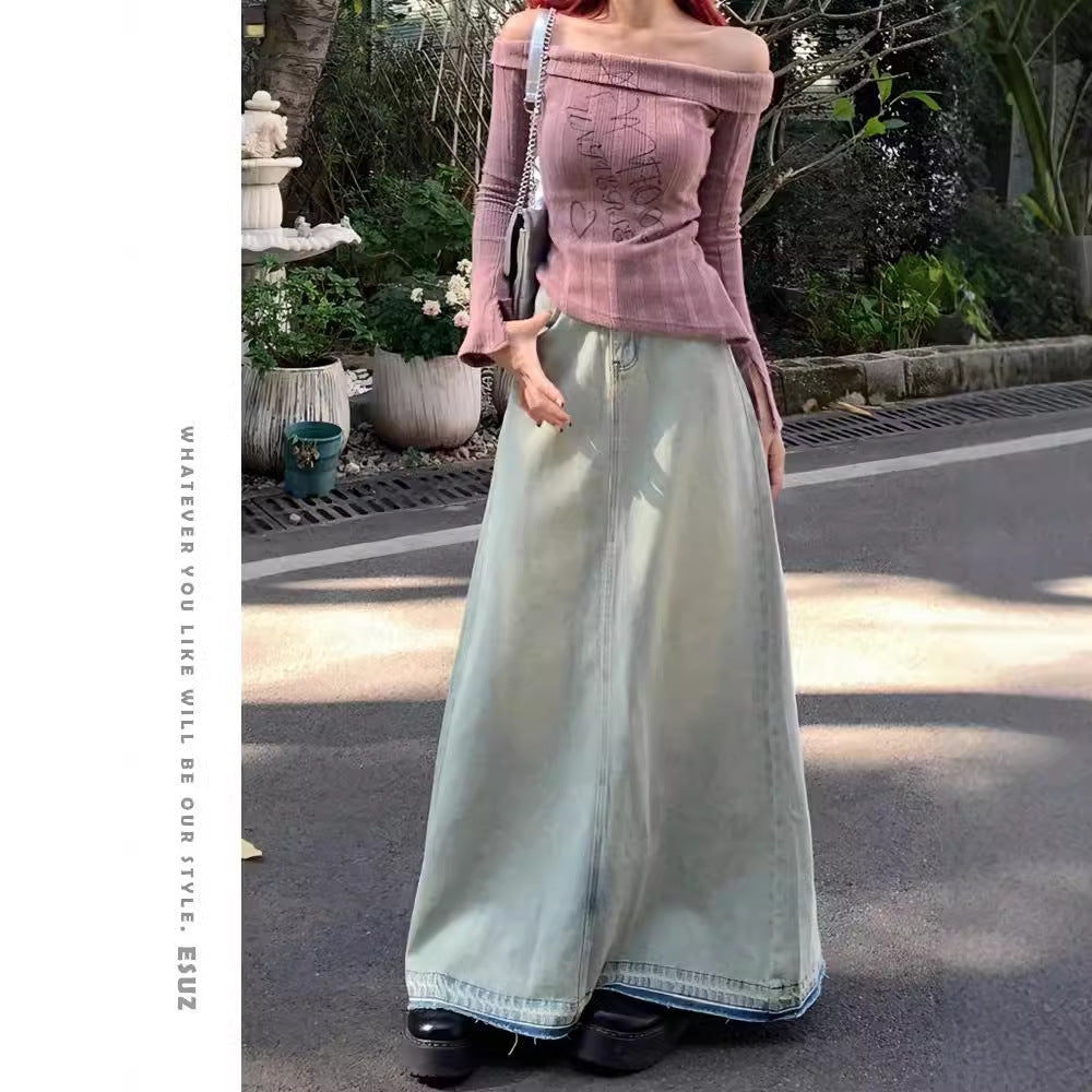 Women's Washed Distressed Denim Skirt