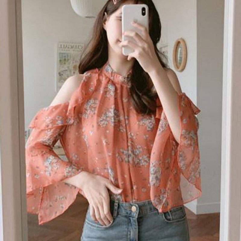 Women's Open-Shoulder Bell Sleeve Floral Chiffon Top