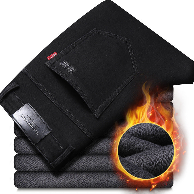 Men's Fleece Lined Thickened Black Jeans