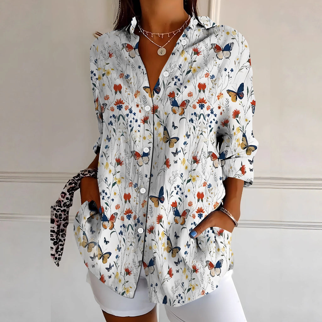 Women's Elegant Floral Print Long-Sleeve Shirt