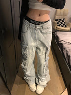 Women's Multi-pocket Light Blue Loose Jeans