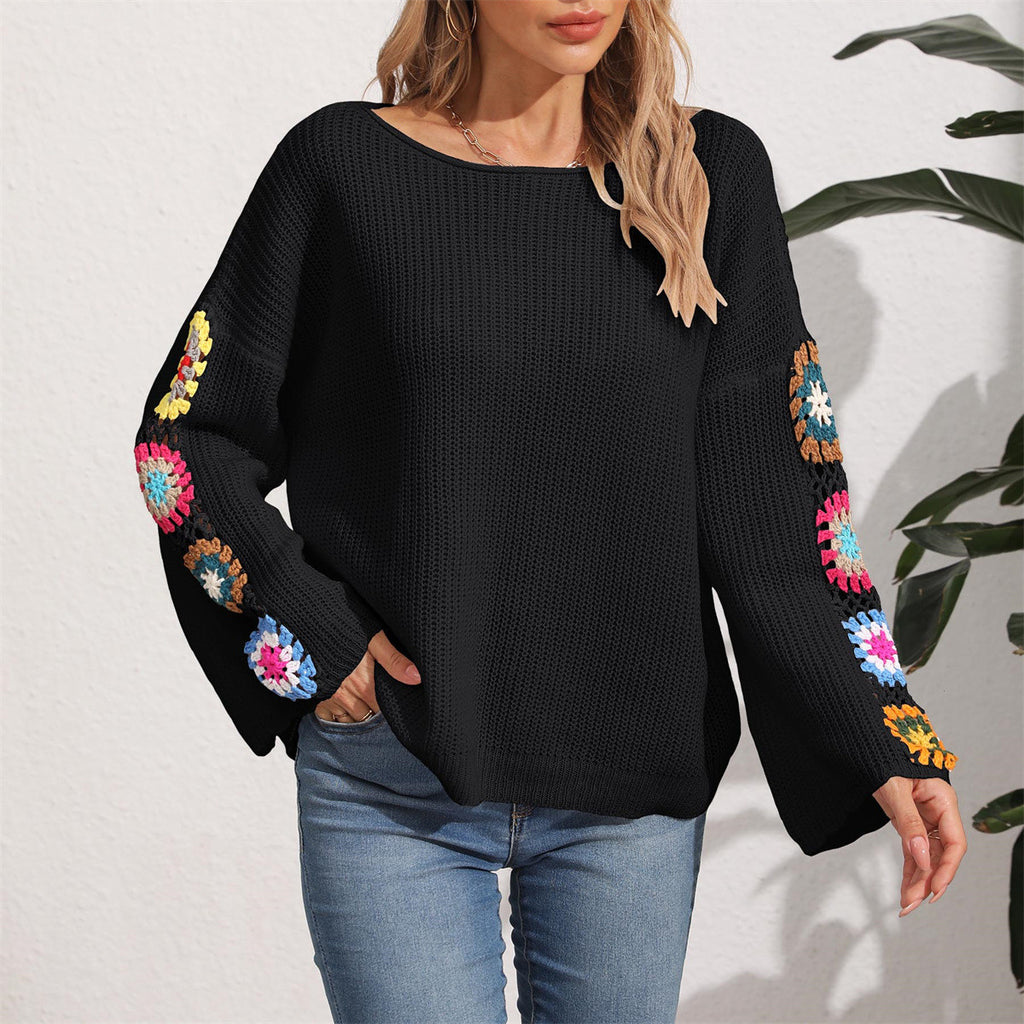 Women's Round Neck Collar Crocheted Pullover Sweater