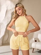 Women's Halter Neck Sleeveless Tank Top And Shorts Set
