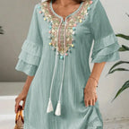 Women's Embroidered V-neck Tassel Lotus Leaf Sleeve Dress