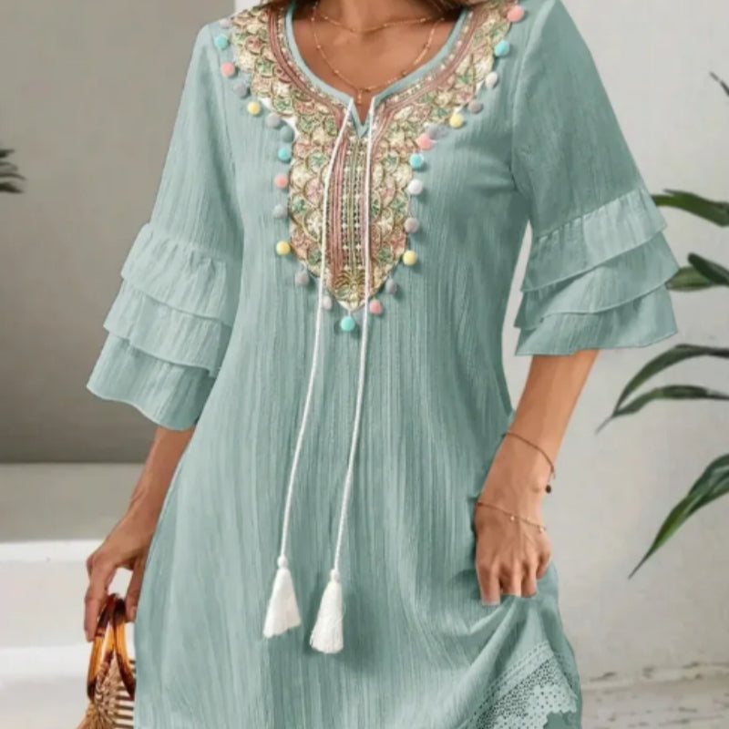 Women's Embroidered V-neck Tassel Lotus Leaf Sleeve Dress