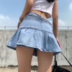 Women's High-Waisted Ruffled Lining Pleated Denim Skirt