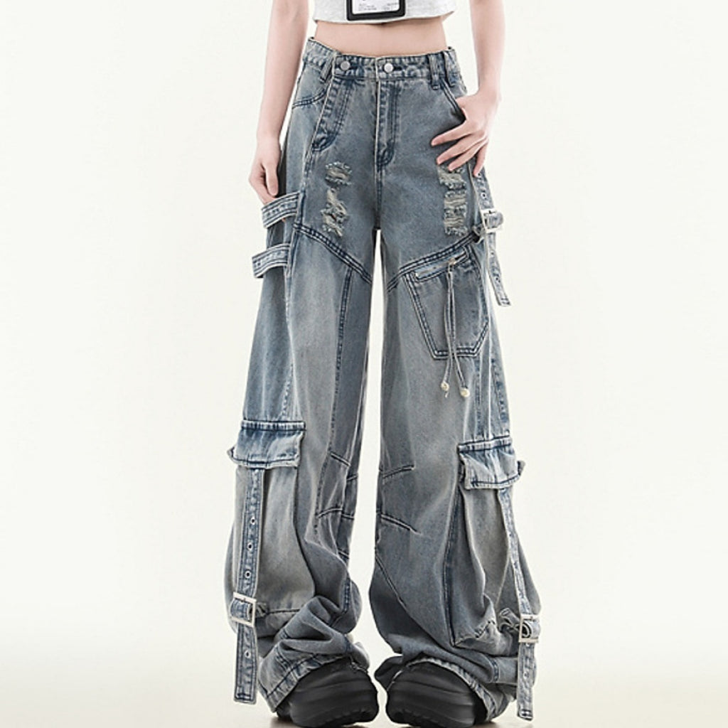 Men's And Women's Straight Loose Multi-pocket Cargo Jeans