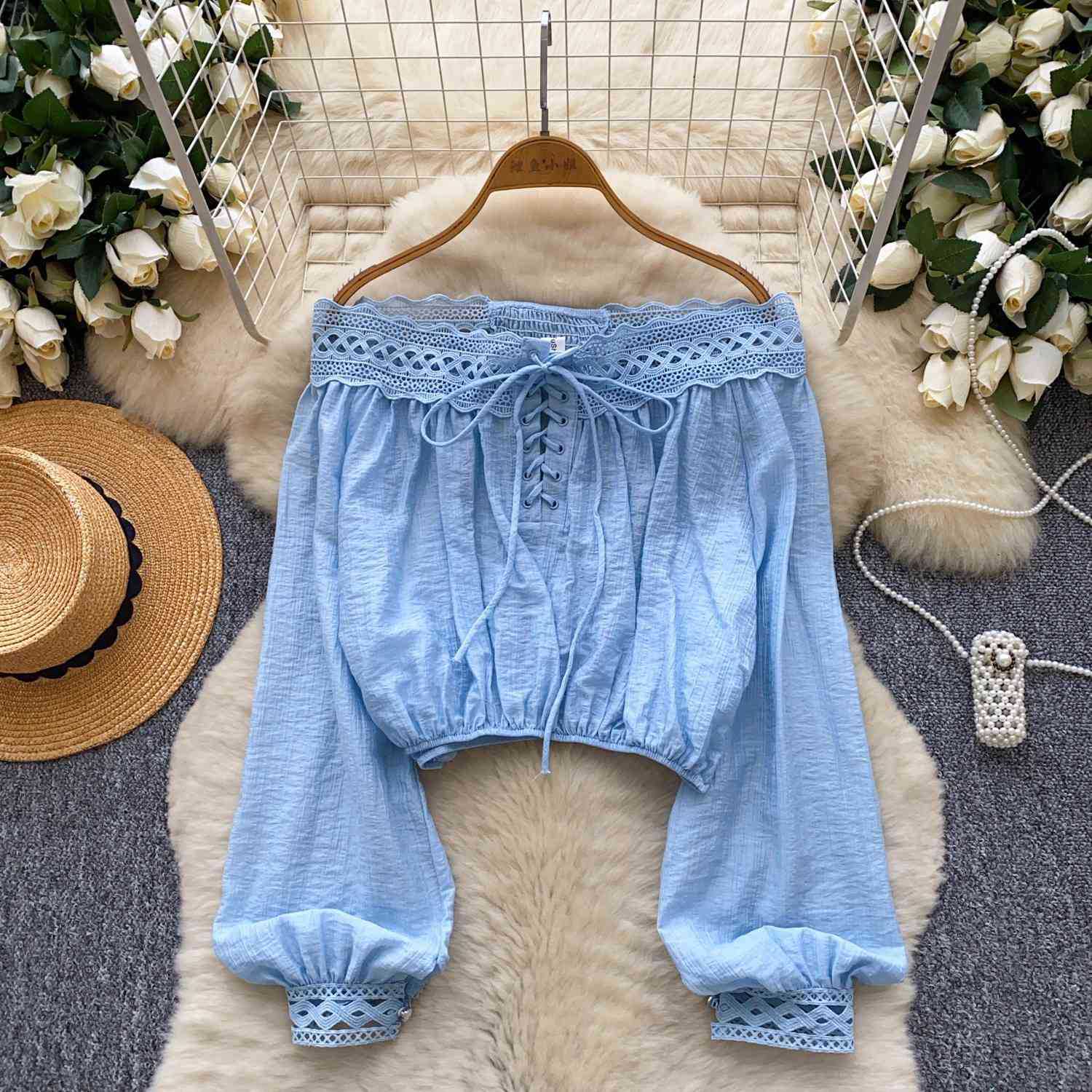 Women's Open-Shoulder Cropped Lantern-Sleeved Top