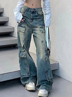 Women's Worn Look Washed-out Cargo Jeans