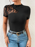 Women's Slim Fitting Lace Patchwork Short-sleeved Top