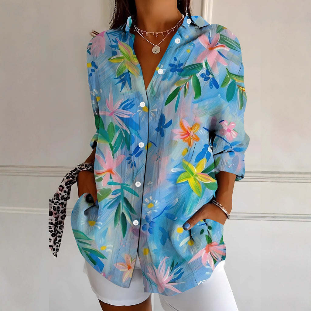Women's Vibrant Colorful Floral-Patterned Long-Sleeve Shirt