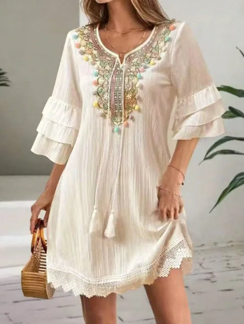 Women's Embroidered V-neck Tassel Lotus Leaf Sleeve Dress