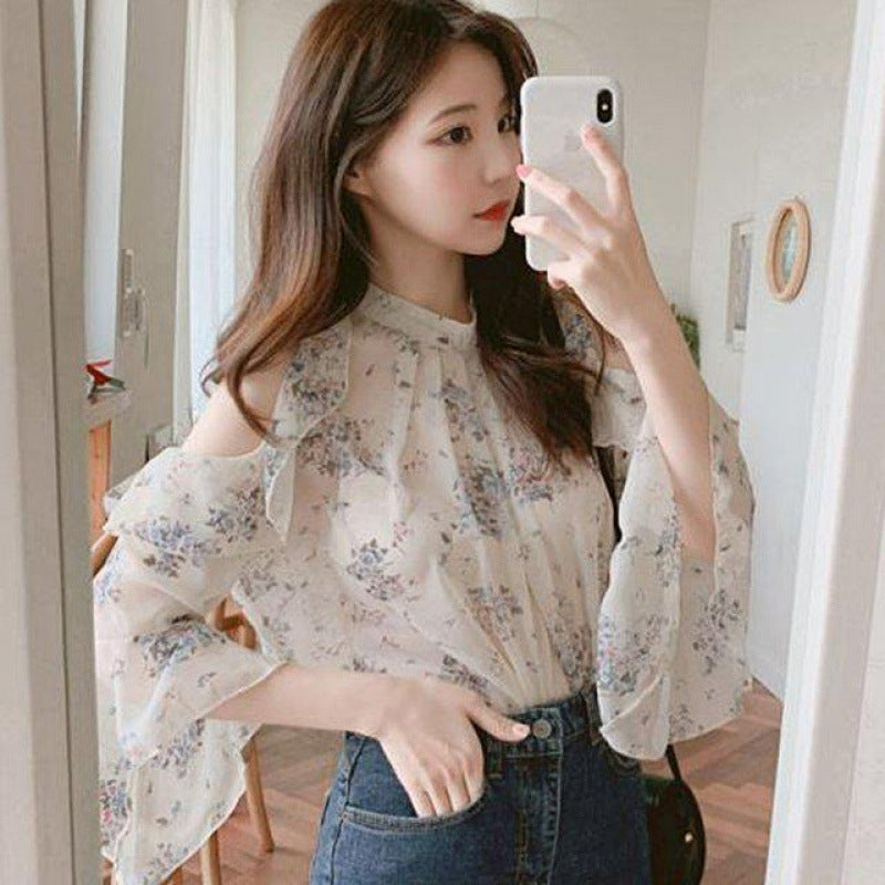 Women's Open-Shoulder Bell Sleeve Floral Chiffon Top