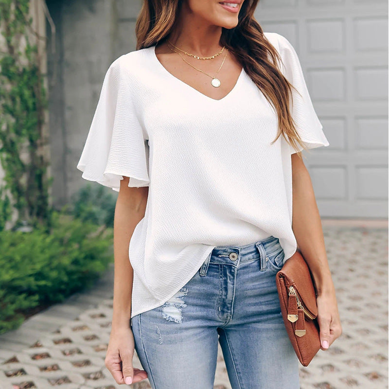 Women's Loose V-Neck Ruffle Sleeve Top
