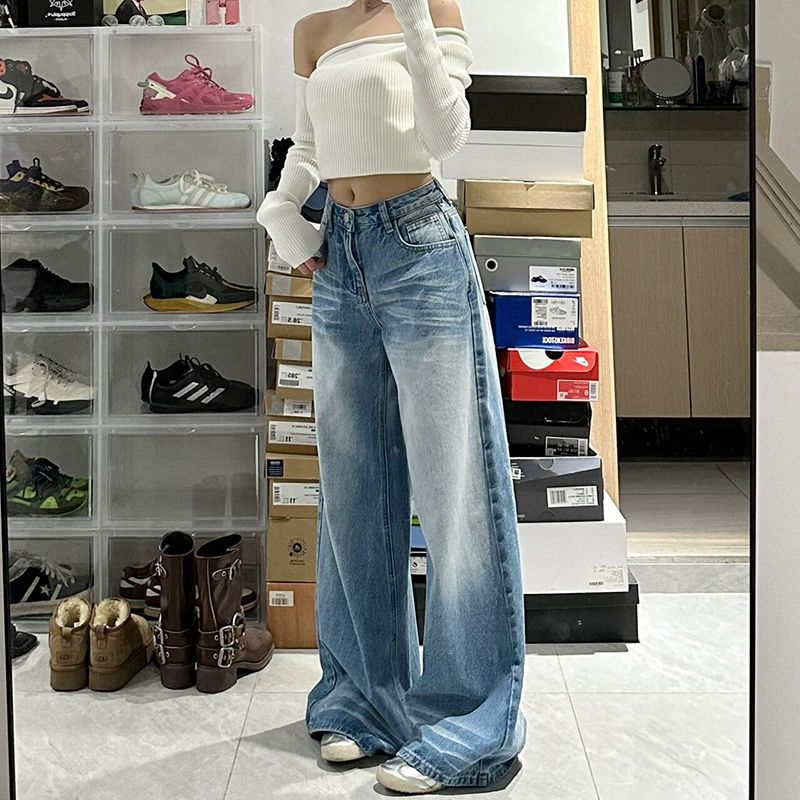Women's Retro Washed High Waist Wide Leg Jeans