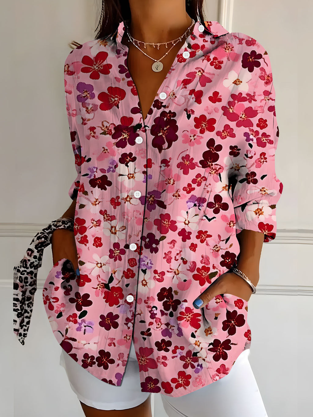 Women's Elegant Floral Print Long-Sleeve Shirt