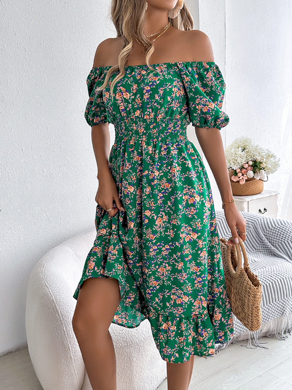 Women's Floral Square-Collar Ruffled Dress