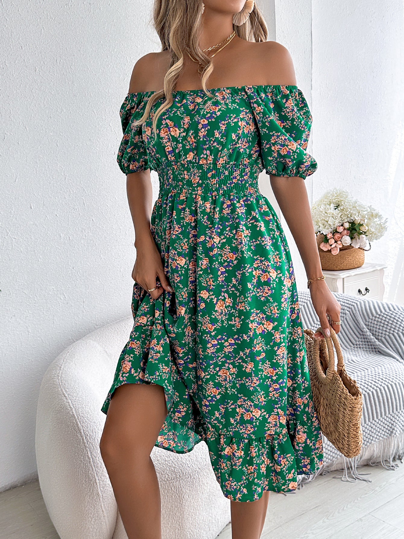 Women's Floral Square-Collar Ruffled Dress