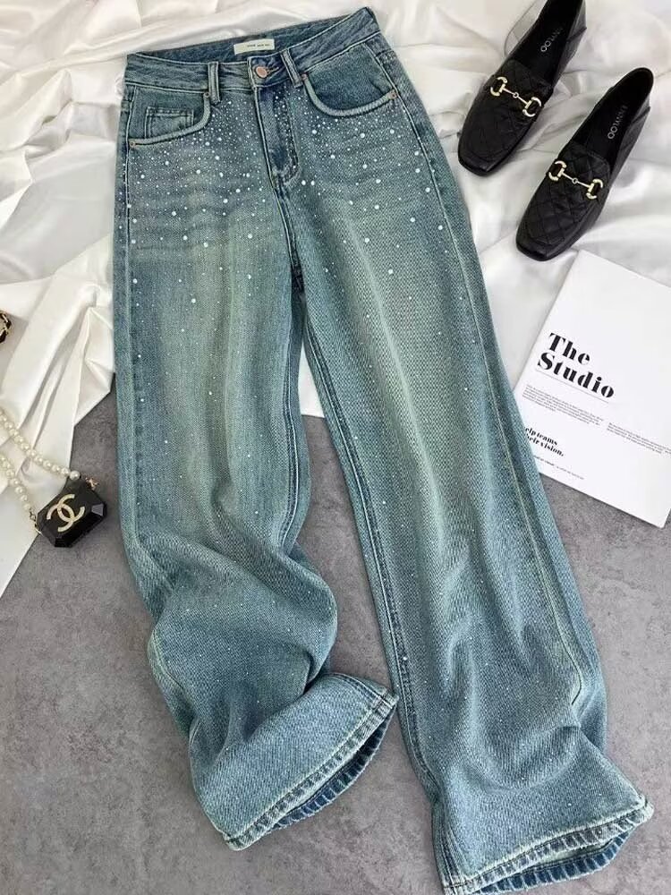 Women's Starry Diamond Rhinestone Straight Washed Blue Jeans