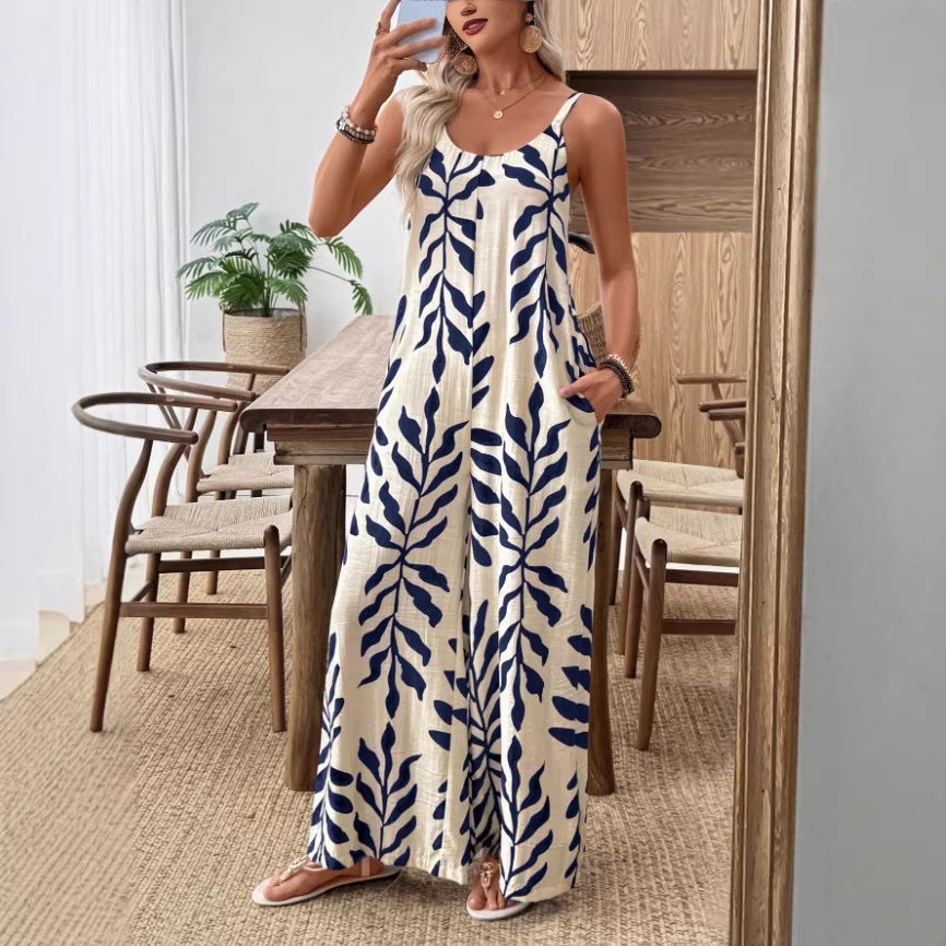 Women's V-Neck One-Piece With Tropical Leaf Print And Pockets