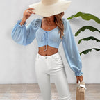 Women's Low-Cut Lace-Up Long-Sleeve Crop Top